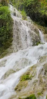 Serene waterfall cascading over mossy rocks in a lush, green forest setting.