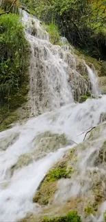 Serene waterfall cascading over rocks surrounded by greenery.