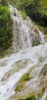 Tranquil waterfall cascading over mossy rocks in a serene forest setting.