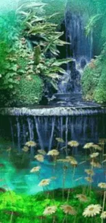 Serene waterfall and green landscape wallpaper