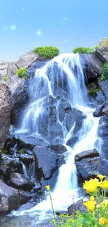 Serene waterfall cascading over rocks with vibrant greenery and flowers.