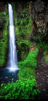 Serene waterfall surrounded by lush green forest landscape.