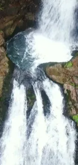 Cascading waterfall in lush green forest setting.