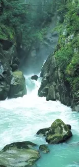 Serene waterfall flowing through lush green forest cliffs.