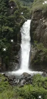 Tranquil waterfall amid lush greenery for a serene mobile wallpaper.