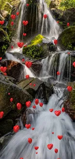 Tranquil waterfall cascading over mossy rocks in a lush forest setting.