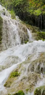 Scenic waterfall flowing over mossy rocks in a lush, green forest setting.