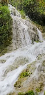 Waterfall cascading over mossy rocks in serene landscape.