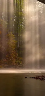 Serene waterfall and lush forest wallpaper with misty ambiance.