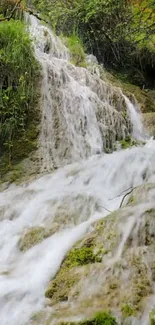 Serene waterfall over mossy rocks in lush greenery.