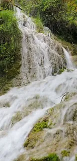 Serene waterfall with mossy rocks and lush greenery in a vibrant nature setting.