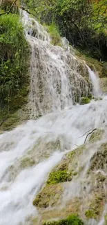 A serene waterfall amidst lush greenery