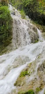 Serene waterfall cascading through lush greenery.