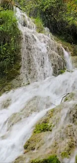 Beautiful waterfall flowing over mossy rocks in a lush green setting.