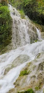 Beautiful waterfall cascading over rocks in a verdant forest setting.