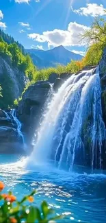 Beautiful waterfall flows through lush greenery under a bright blue sky.