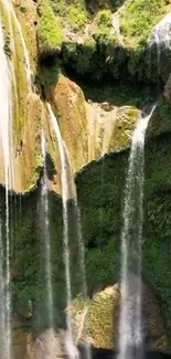 Waterfall cascading over lush green rocks.