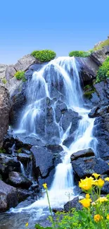 Serene waterfall flowing over rocks with wildflowers in the foreground.