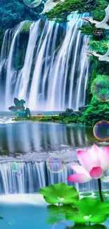 Serene waterfall with lotus flowers and cranes.