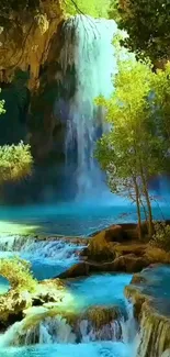 Serene waterfall with turquoise waters and lush greenery.