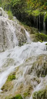 Lush waterfall with cascading water and greenery.