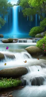 Serene waterfall with lush greenery and vibrant flowers mobile wallpaper.