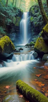 Serene waterfall cascading through lush green forest.