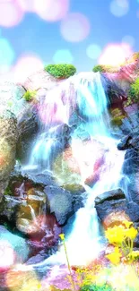 Serene waterfall with blue sky and lush greenery.