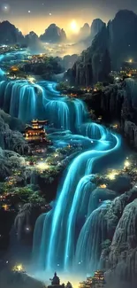 Mystical waterfall with temples under a starry night sky.