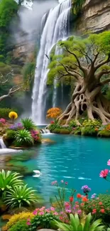 Fantasy waterfall amidst vibrant flora and majestic trees.