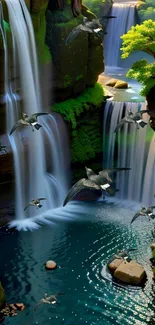 Serene oasis with waterfalls and flying birds in a lush green landscape.