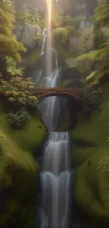 Serene waterfall with lush greenery and wooden bridge.