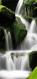 Waterfall cascading over mossy rocks, creating a serene nature scene.