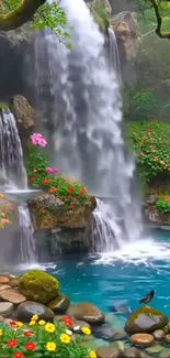 A serene waterfall surrounded by lush greenery and colorful flowers.