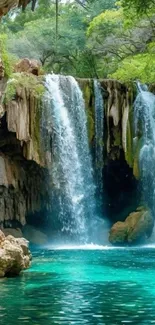 Vibrant waterfall with turquoise water in a lush, rocky setting.