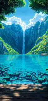 Serene waterfall with azure waters and lush greenery.