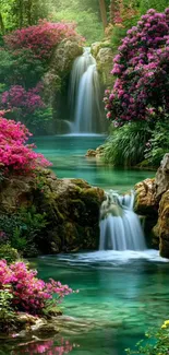 A beautiful waterfall surrounded by vivid flowers and lush greenery.