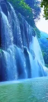 Beautiful cyan waterfall surrounded by lush greenery, reflecting tranquility.