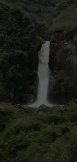 Waterfall cascading through lush greenery in tranquil landscape.