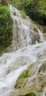 Serene waterfall over mossy rocks wallpaper.