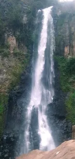 Serene waterfall flowing in a lush green landscape.