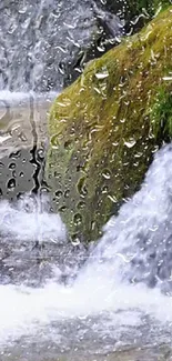 Serene mobile wallpaper with waterfall and rain effects over mossy rocks.