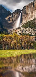 Breathtaking waterfall with serene reflection in nature.