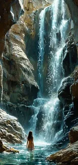 A serene waterfall cascading in a rocky landscape with a tranquil pool below.