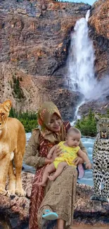 Family with wildlife by a scenic waterfall.