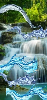 Serene waterfall with artistic water splashes.