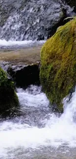 Mobile wallpaper with tranquil waterfall and lush green surroundings.