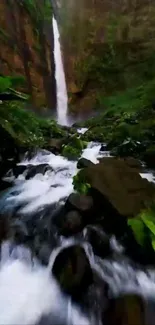 Breathtaking waterfall stream in lush green forest setting.