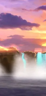 Serene sunset waterfall with misty waters and a vibrant sky.
