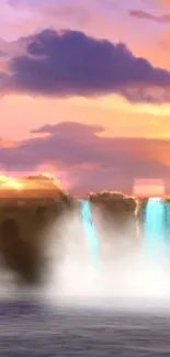 Majestic waterfall at sunset with pastel skies and serene waters.